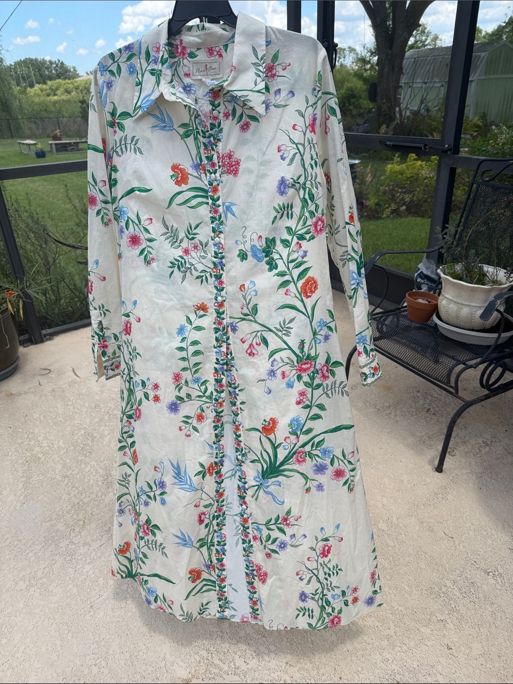 Cotton Floral Long Sleeve button up Shirt Dress in Cream